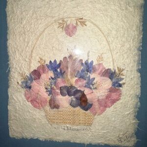 "Pressed Dried Flowers in Basket On Handmade Paper" Artwork- Signed/Framed